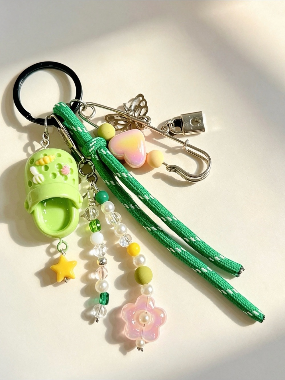 Green Beaded Keychain Charm with Mini Clog and Flower